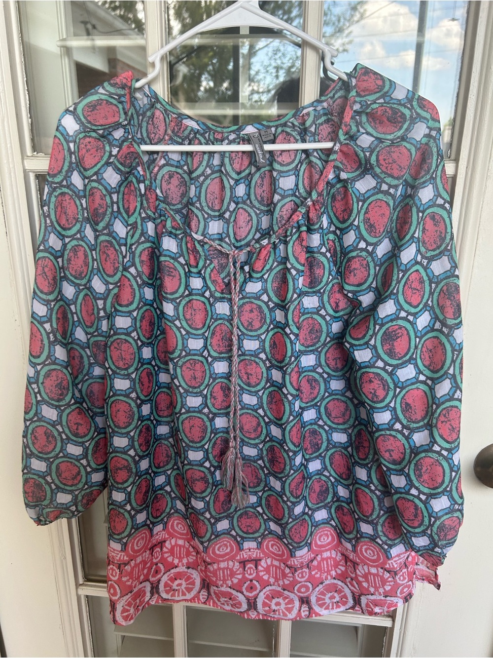 new directions Printed Peasant Tunic in Pink & Blue